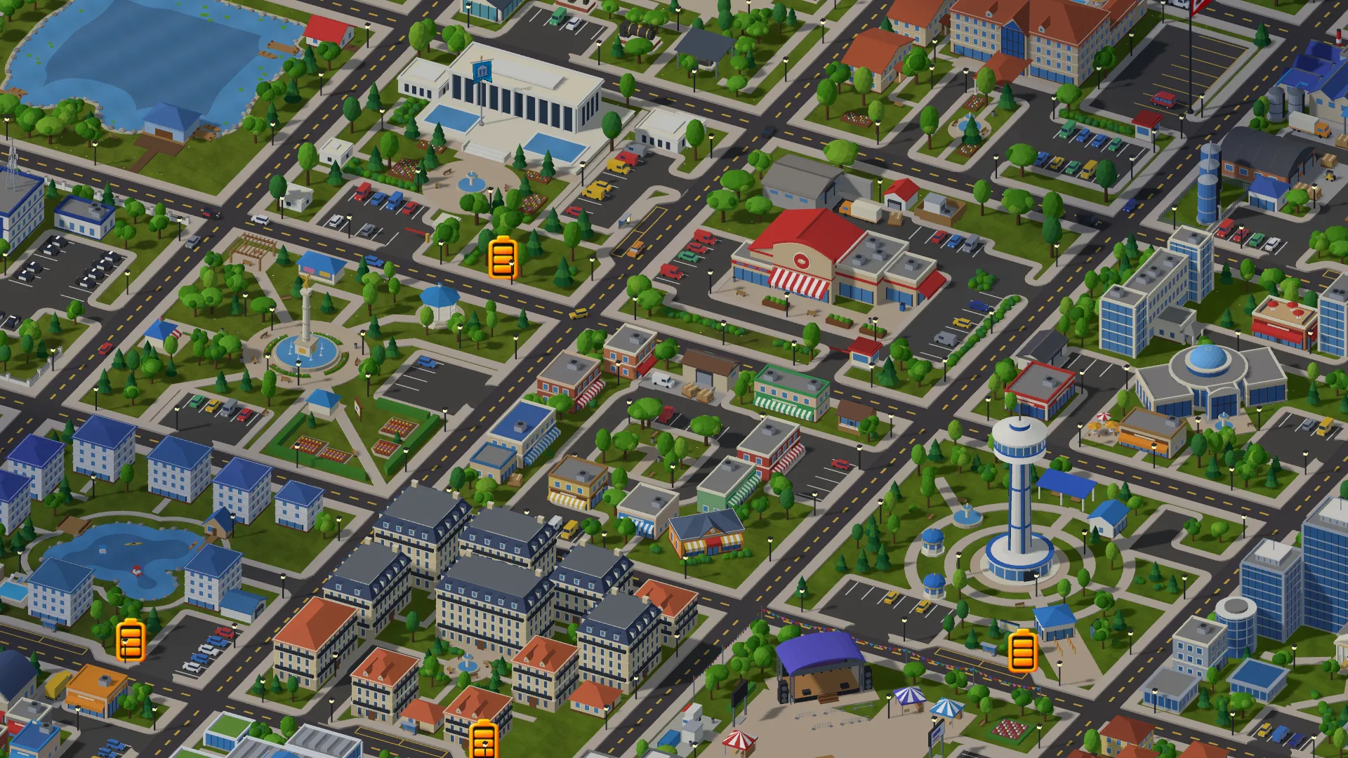Vista aproximada da cidade 3D: prédios residenciais, lojas, um mercado, uma torre de observação e um palco de shows ao longo de ruas movimentadas.